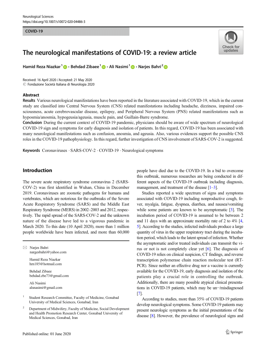 PDF) The neurological manifestations of COVID-19: a review article