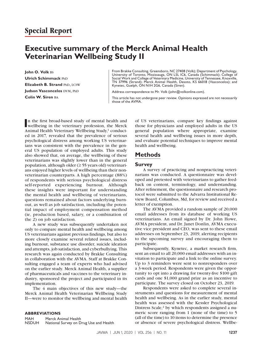 PDF) Executive summary of the Merck Animal Health Veterinarian Wellbeing  Study II