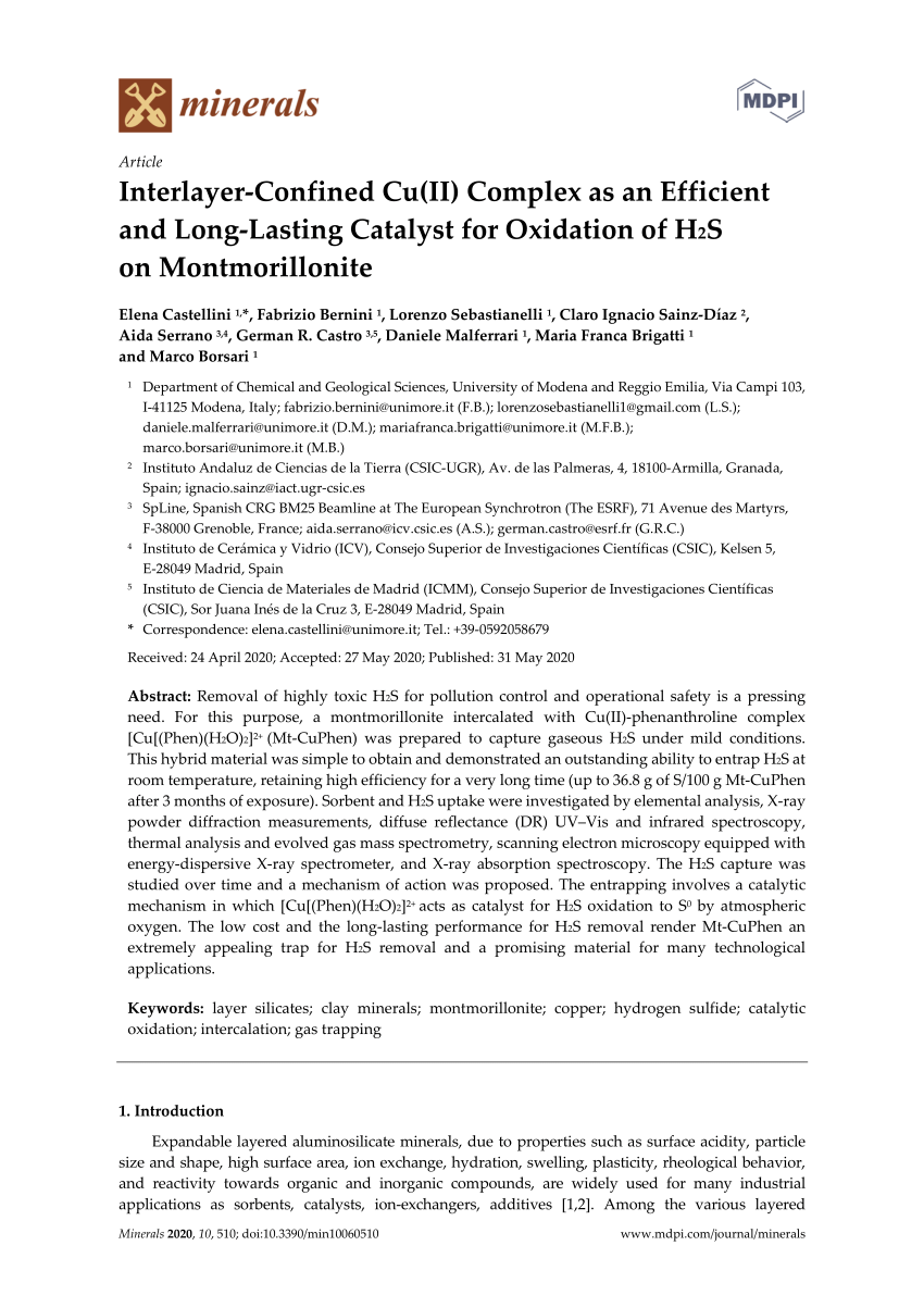 Pdf Interlayer Confined Cu Ii Complex As An Efficient And Long Lasting Catalyst For Oxidation Of H2s On Montmorillonite