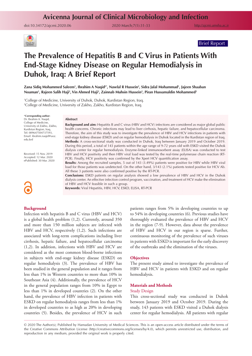Pdf The Prevalence Of Hepatitis B And C Virus In Patients With End Stage Kidney Disease On Regular Hemodialysis In Duhok Iraq A Brief Report Brief Report