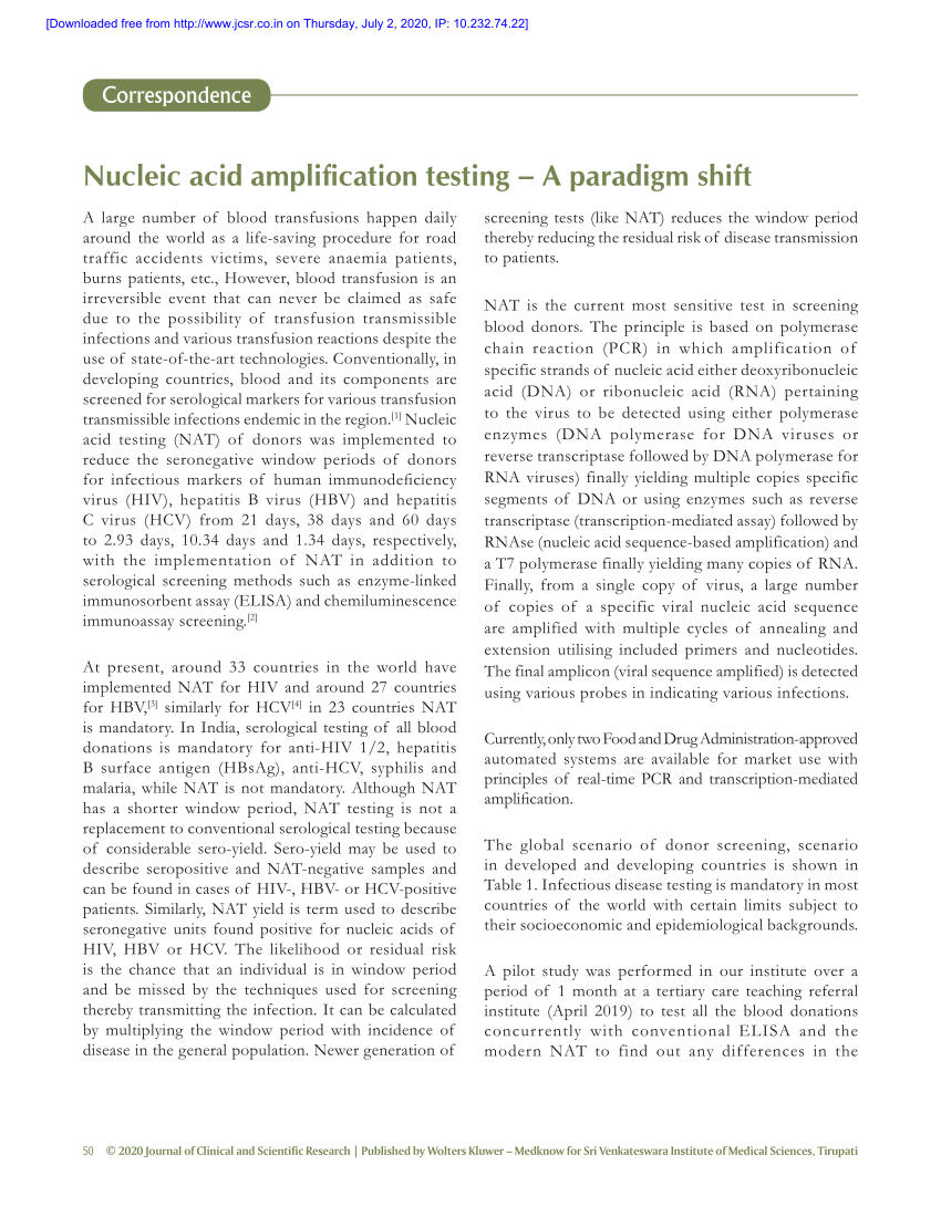 Pdf Nucleic Acid Amplification Testing A Paradigm Shift 5410