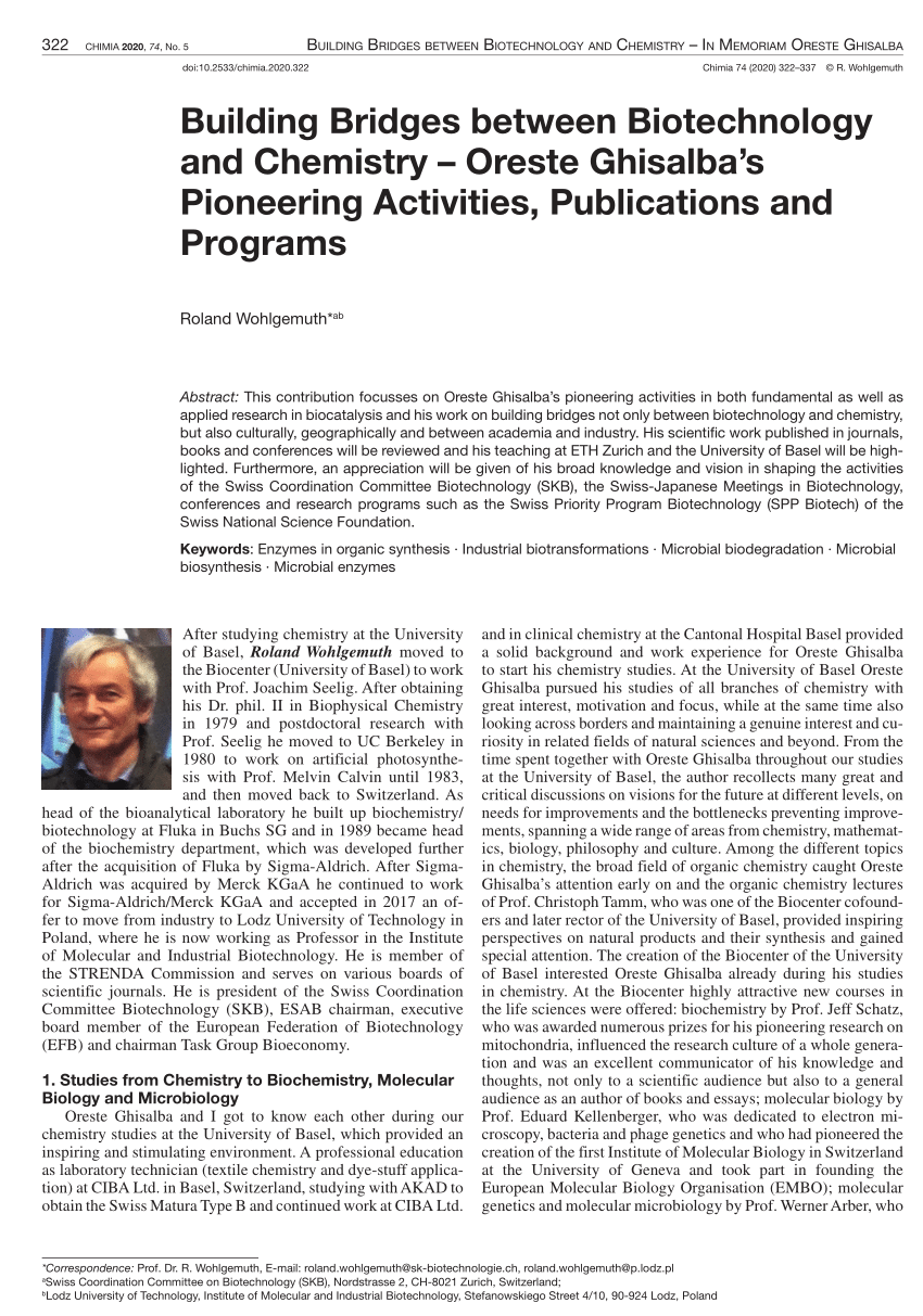 (PDF) Building Bridges between Biotechnology and Chemistry Oreste