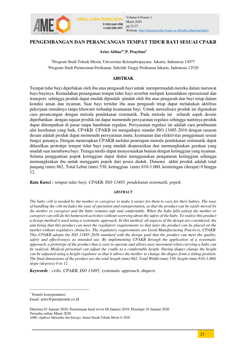 Pdf Pengembangan Dan Perancangan Tempat Tidur Bayi Sesuai Cpakb