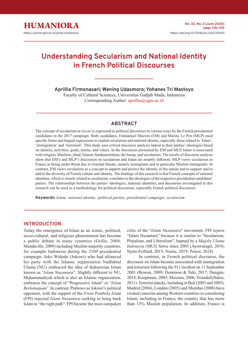 Pdf Understanding Secularism And National Identity In French Political Discourses