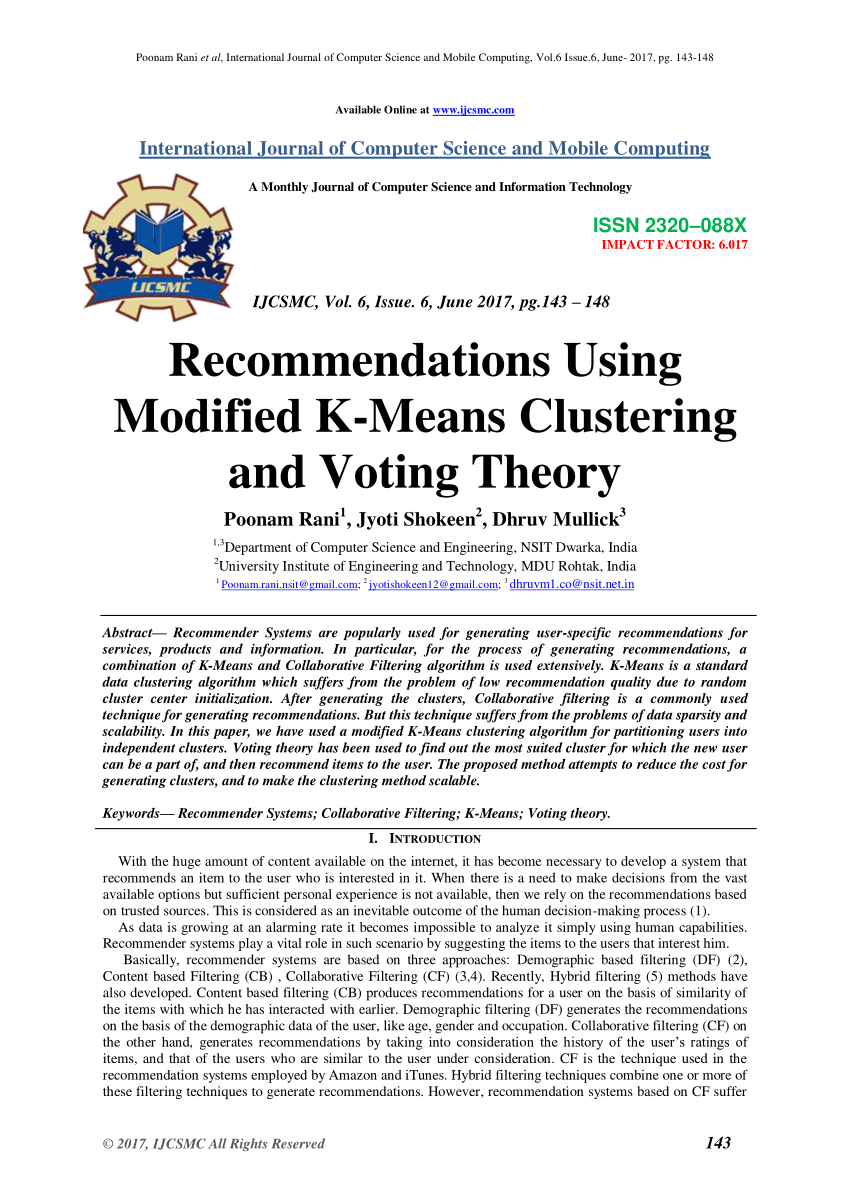pdf recommendations using modified k means clustering and voting theory