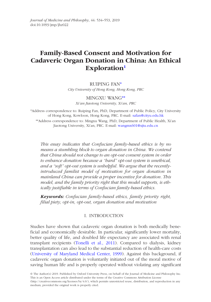 Pdf Family Based Consent And Motivation For Cadaveric Organ Donation In China An Ethical Exploration1