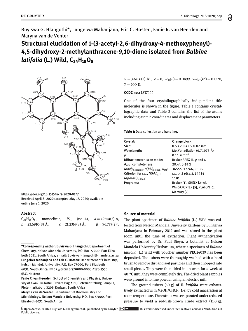 Pdf Structural Elucidation Of 1 3 Acetyl 2 6 Dihydroxy 4 Methoxyphenyl 4 5 Dihydroxy 2 Methylanthracene 9 10 Dione Isolated From Bulbine Latifolia L Wild C24h18o8