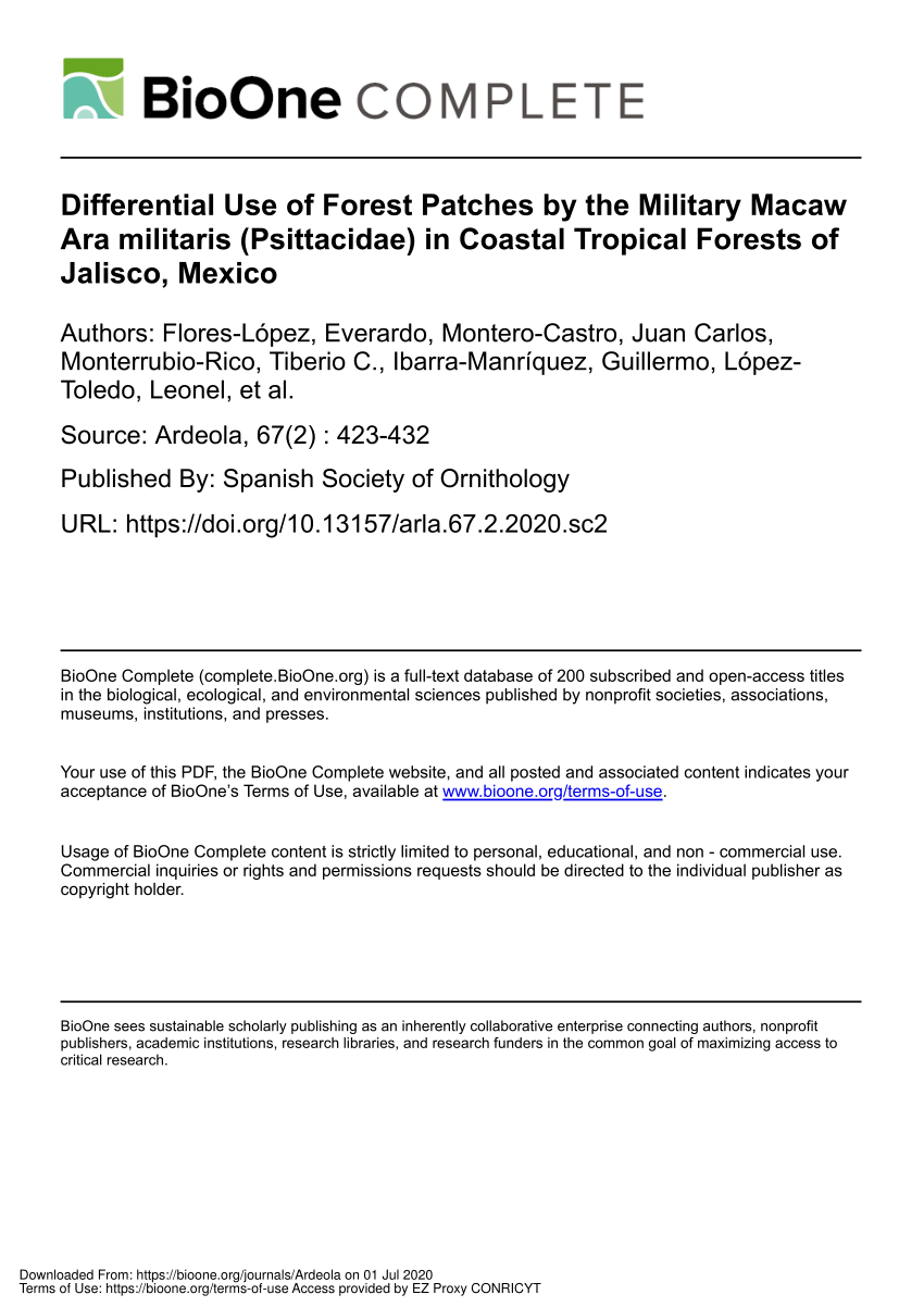 PDF) Differential Use of Forest Patches by the Military Macaw Ara militaris  (Psittacidae) in Coastal Tropical Forests of Jalisco, Mexico