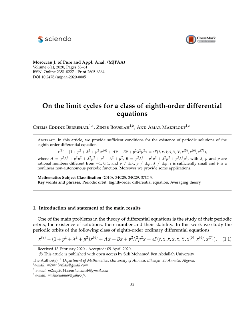 Pdf On The Limit Cycles For A Class Of Eighth Order Differential Equations