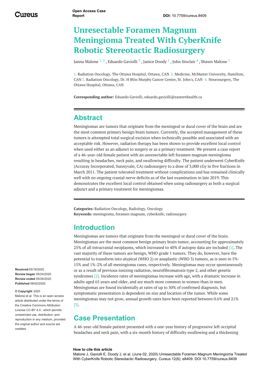 Pdf Unresectable Foramen Magnum Meningioma Treated With Cyberknife Robotic Stereotactic 9955