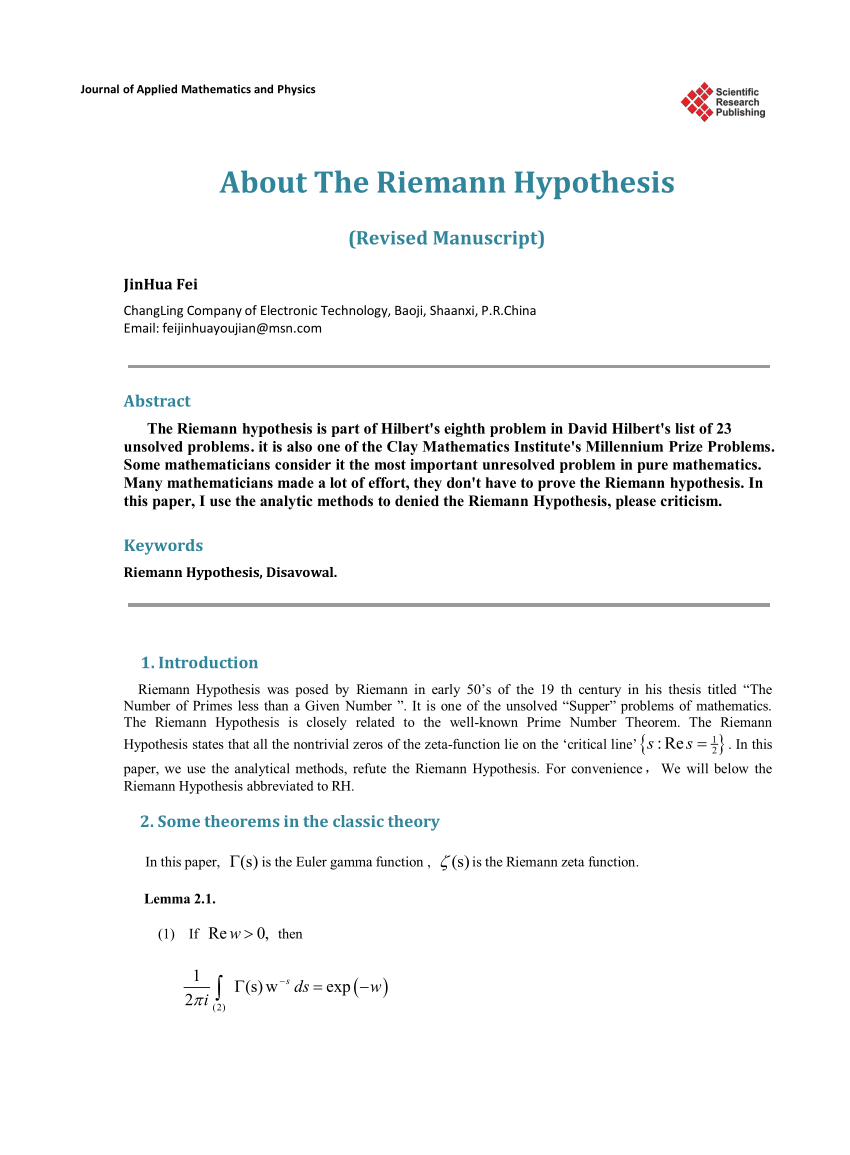 riemann hypothesis paper