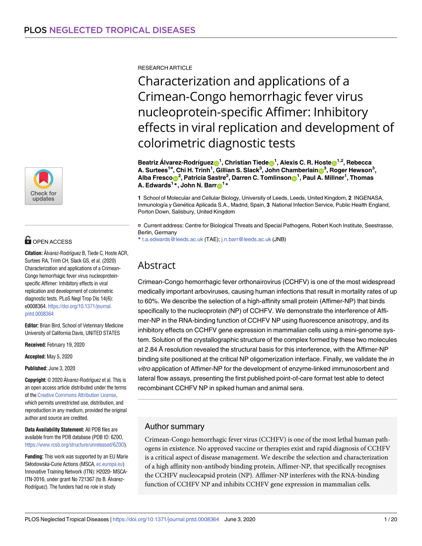 Pdf Characterization And Applications Of A Crimean Congo Hemorrhagic Fever Virus Nucleoprotein Specific Affimer Inhibitory Effects In Viral Replication And Development Of Colorimetric Diagnostic Tests