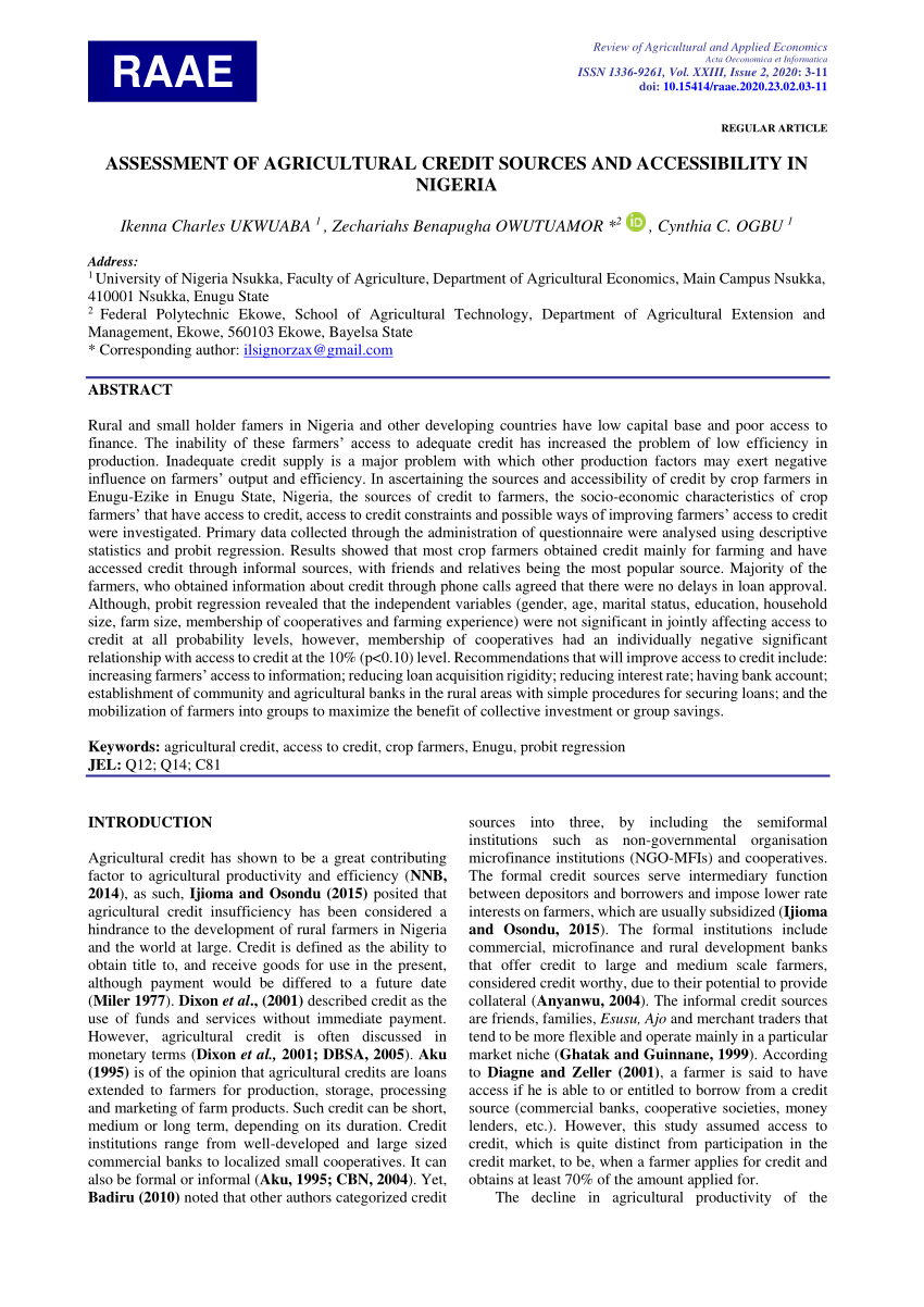 (PDF) ASSESSMENT OF AGRICULTURAL CREDIT SOURCES AND ...