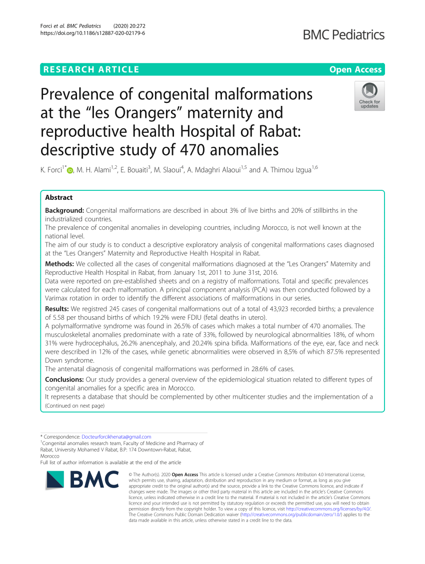 Pdf Prevalence Of Congenital Malformations At The Les Orangers Maternity And Reproductive Health Hospital Of Rabat Descriptive Study Of 470 Anomalies