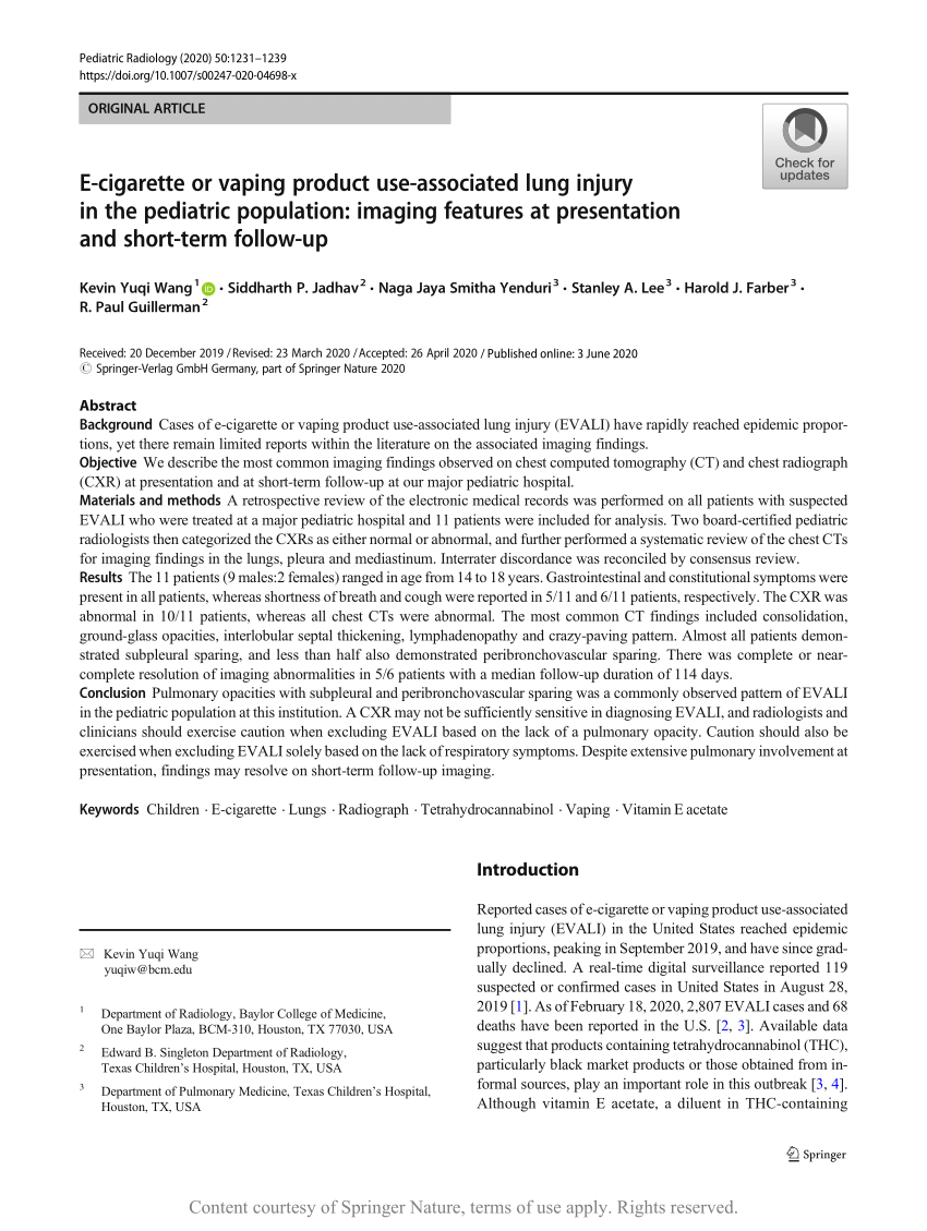 E cigarette or vaping product use associated lung injury in the