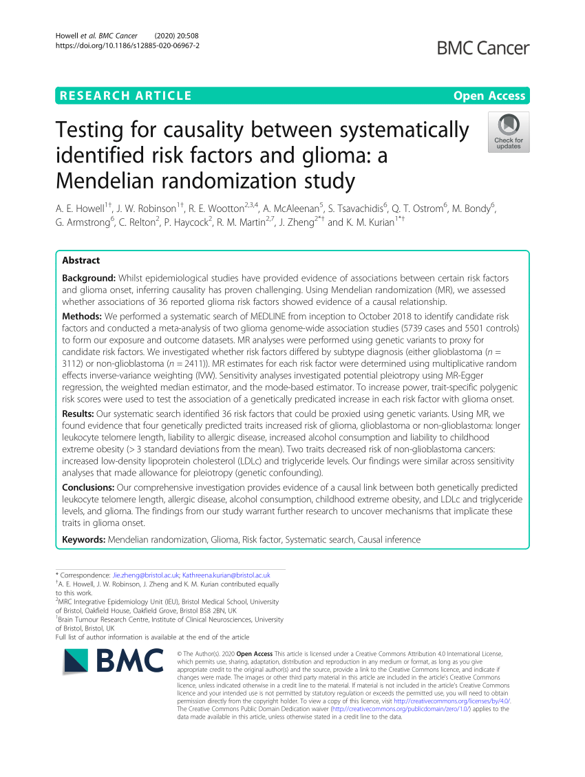 Pdf Testing For Causality Between Systematically Identified Risk Factors And Glioma A Mendelian Randomization Study