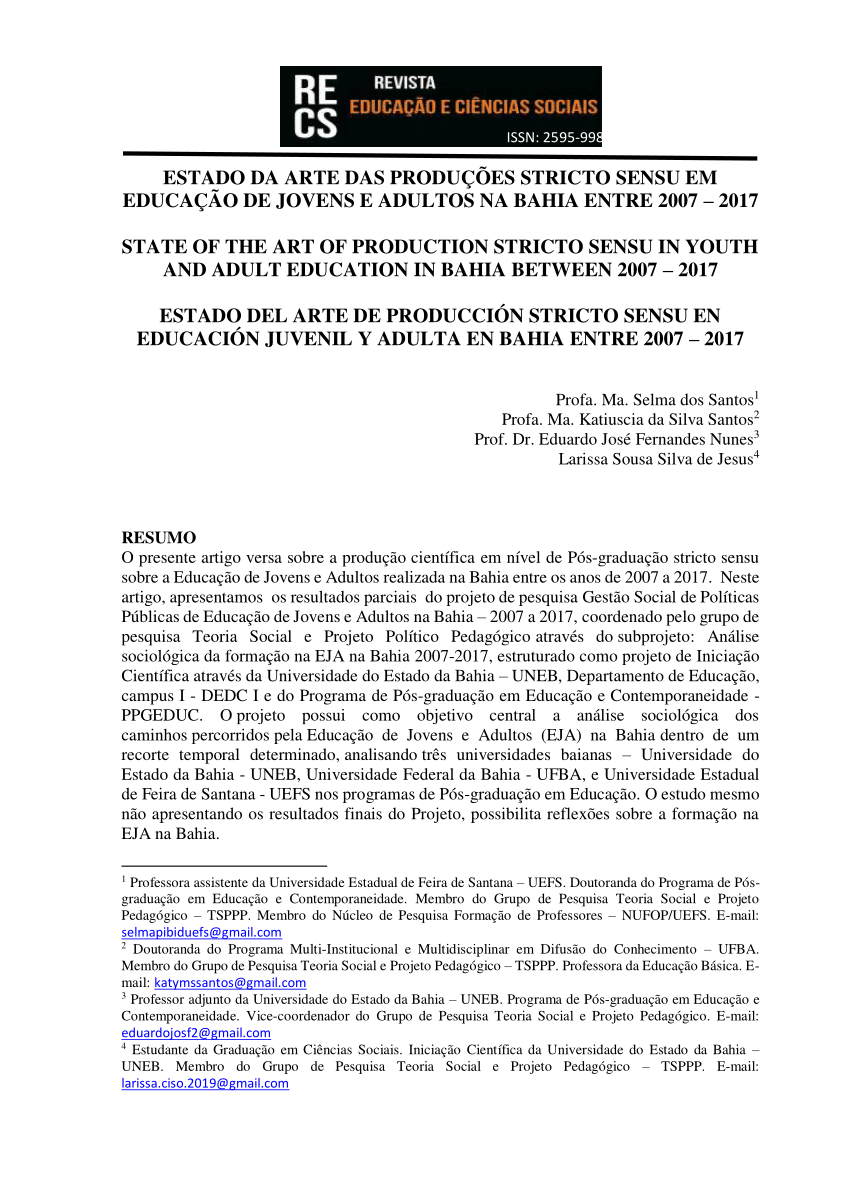 Pdf Estado Da Arte Das ProduÇÕes Stricto Sensu Em EducaÇÃo De Jovens E Adultos Na Bahia Entre 8255