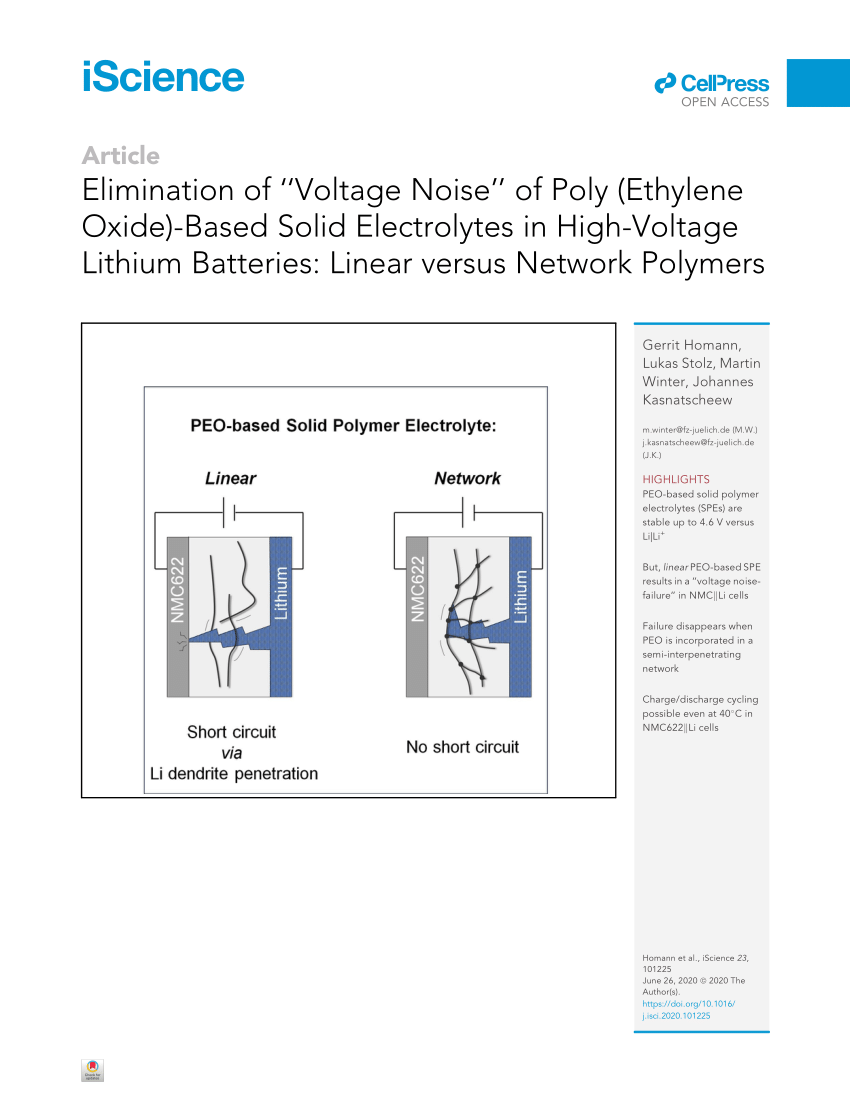 Pdf Elimination Of Voltage Noise Failure Of Poly Ethylene Oxide Based Solid Electrolytes In High Voltage Lithium Batteries Linear Vs Network Polymers