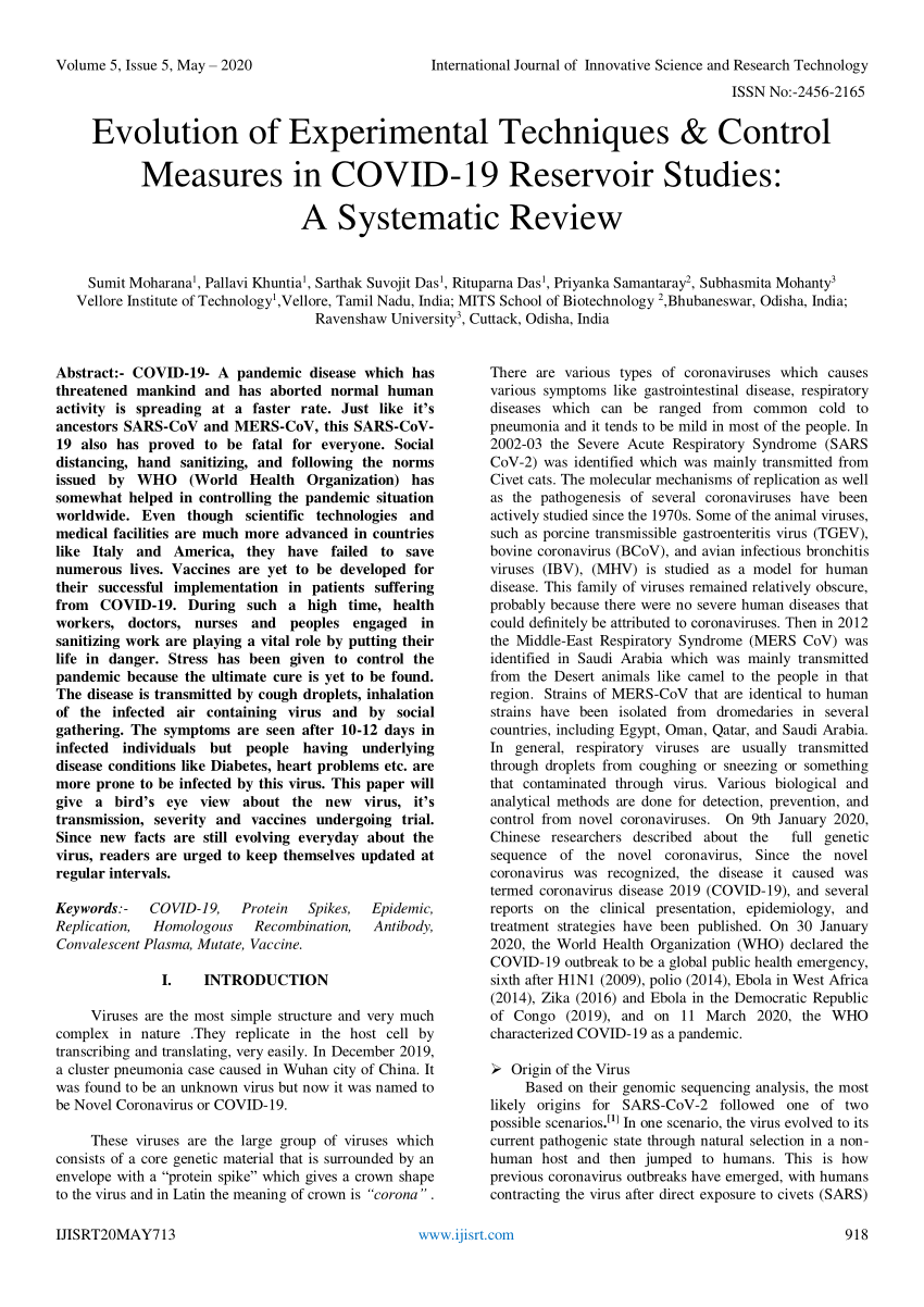 Pdf Evolution Of Experimental Techniques Control Measures In Covid 19 Reservoir Studies A Systematic Review