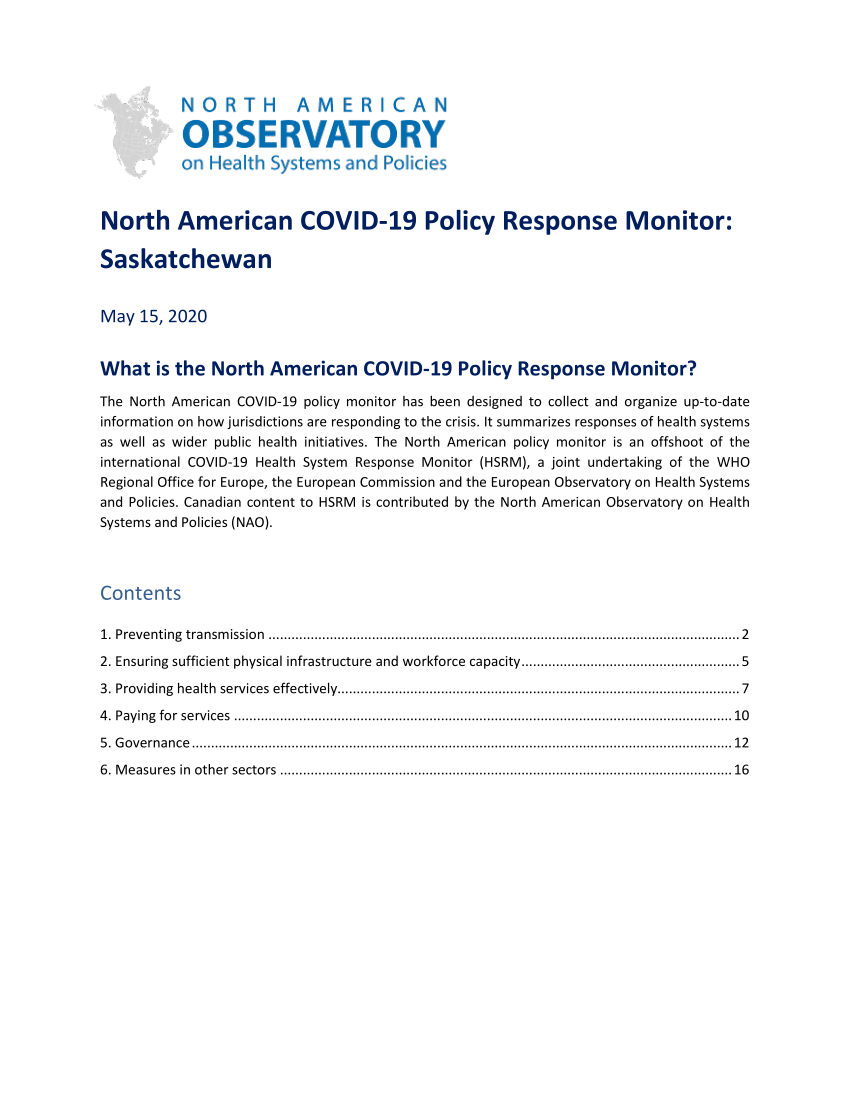 PDF) North American COVID-19 Policy Response Monitor: Saskatchewan