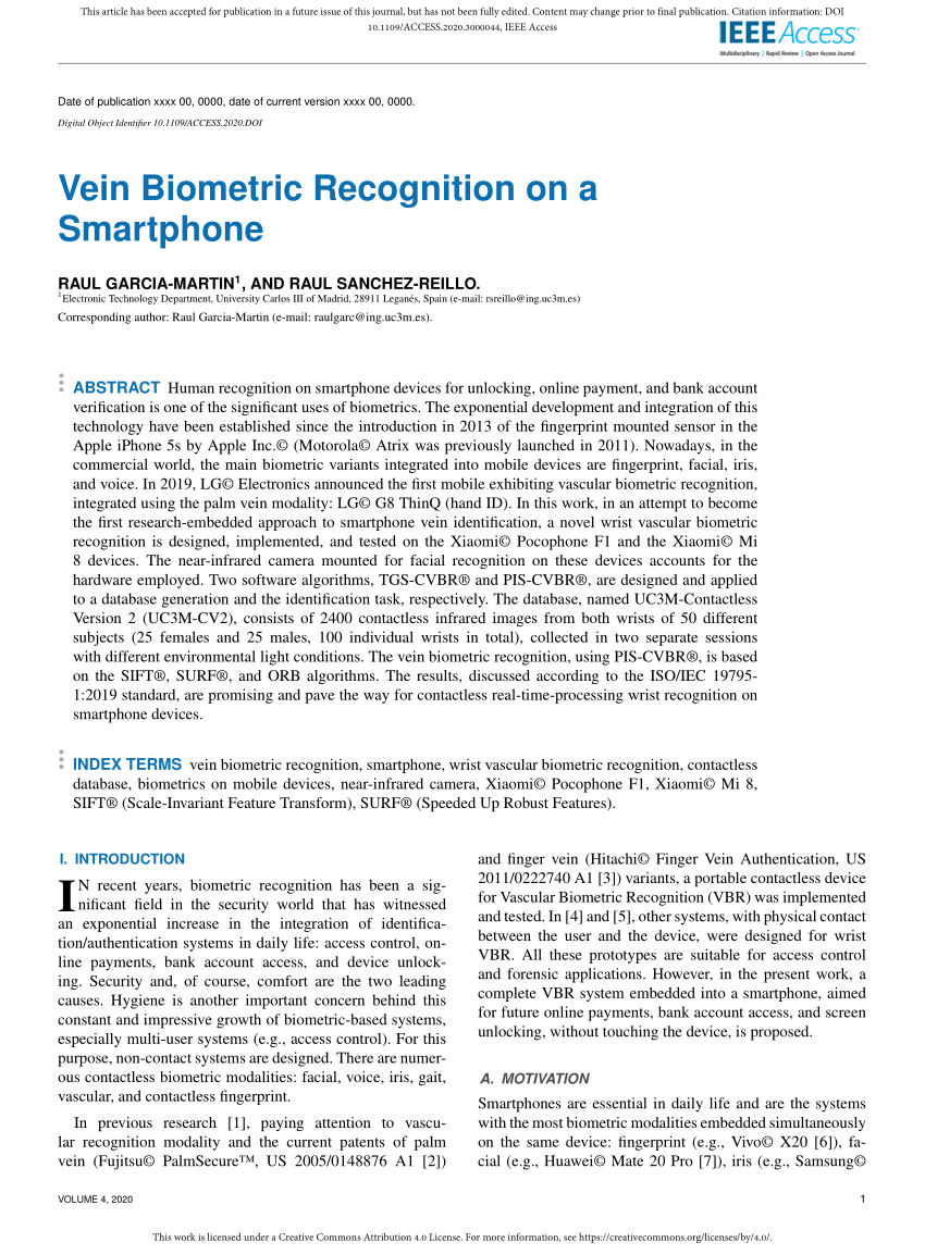 PDF) Vein Biometric Recognition on a Smartphone