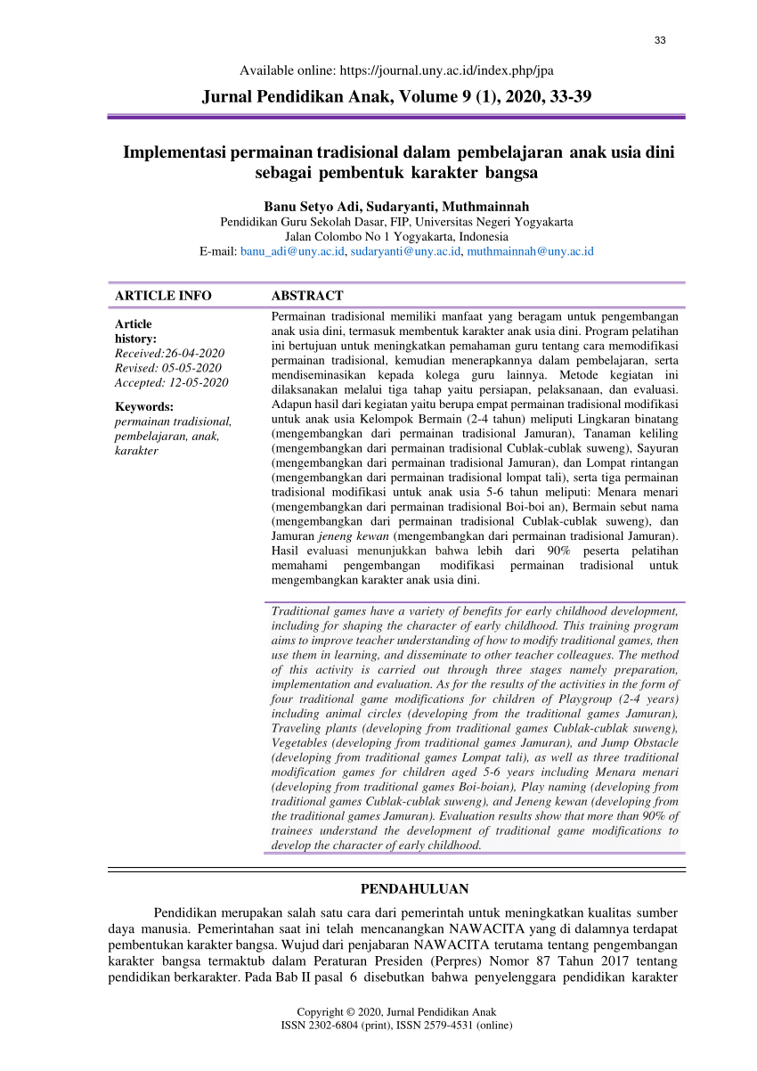 (PDF) Implementasi permainan tradisional dalam pembelajaran anak usia - Jurnal Membangun Karakter Anak Melalui Permainan Tradisional Pdf
