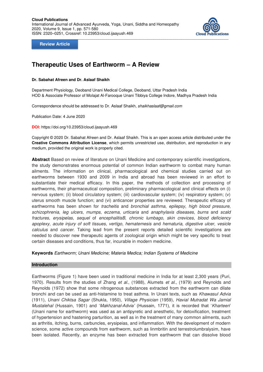 (PDF) Therapeutic Uses of Earthworm – A Review