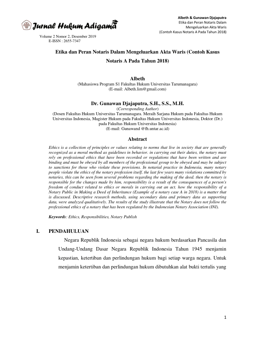 (PDF) Etika dan Peran Notaris Dalam Mengeluarkan Akta Waris (Contoh