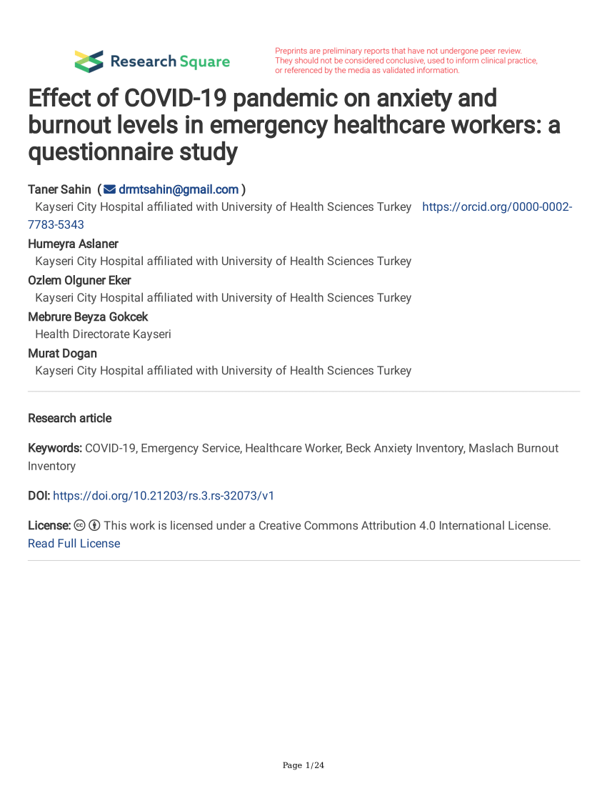 pdf effect of covid 19 pandemic on anxiety and burnout levels in emergency healthcare workers a questionnaire study