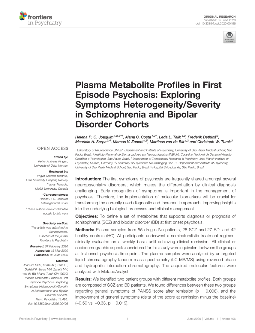 PDF) Plasma Metabolite Profiles in First Episode Psychosis ...