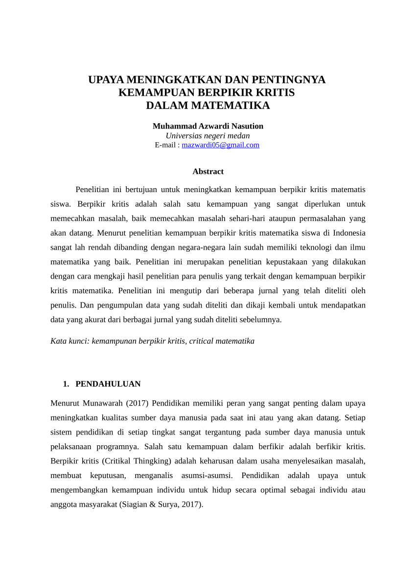 Pdf Upaya Meningkatkan Dan Pentingnya Kemampuan Berpikir Kritis Dalam