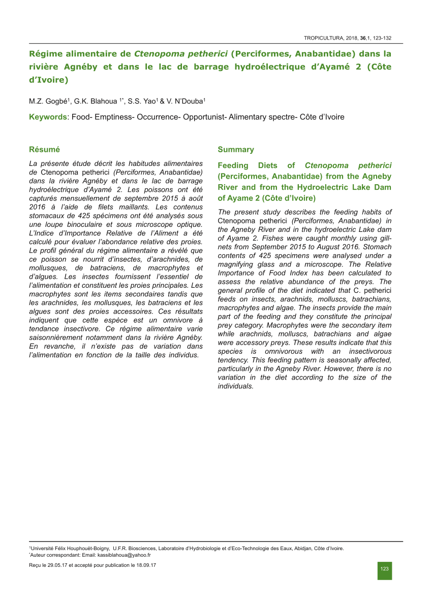 PDF) Régime alimentaire de Ctenopoma petherici (Perciformes