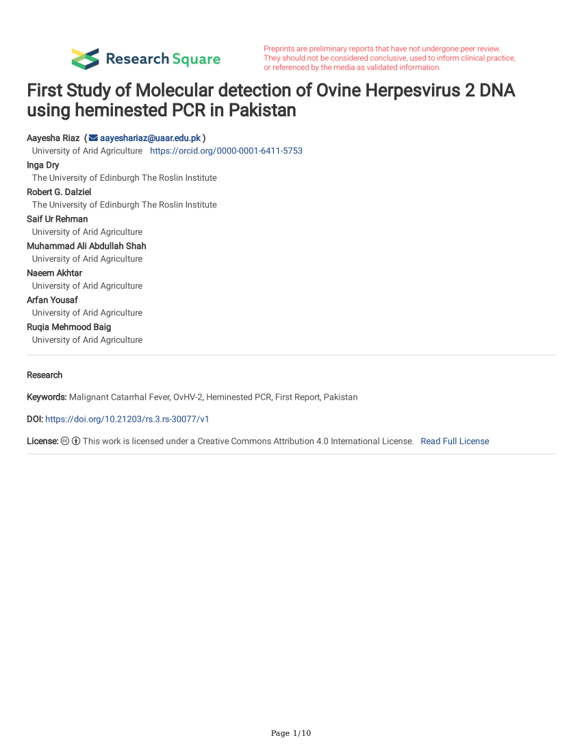 Pdf First Study Of Molecular Detection Of Ovine Herpesvirus 2 Dna Using Heminested Pcr In Pakistan