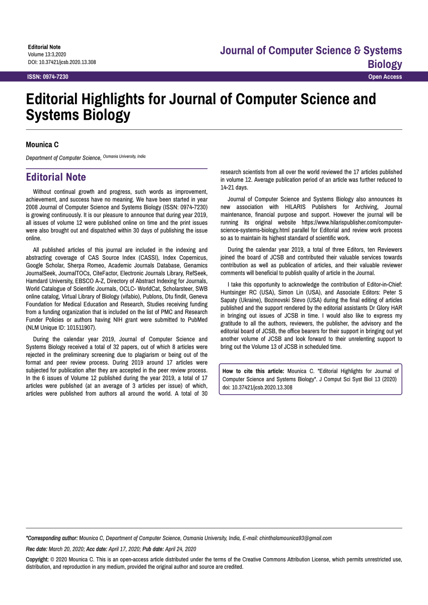 (PDF) Editorial Note for Journal of Computer Science and Systems Biology