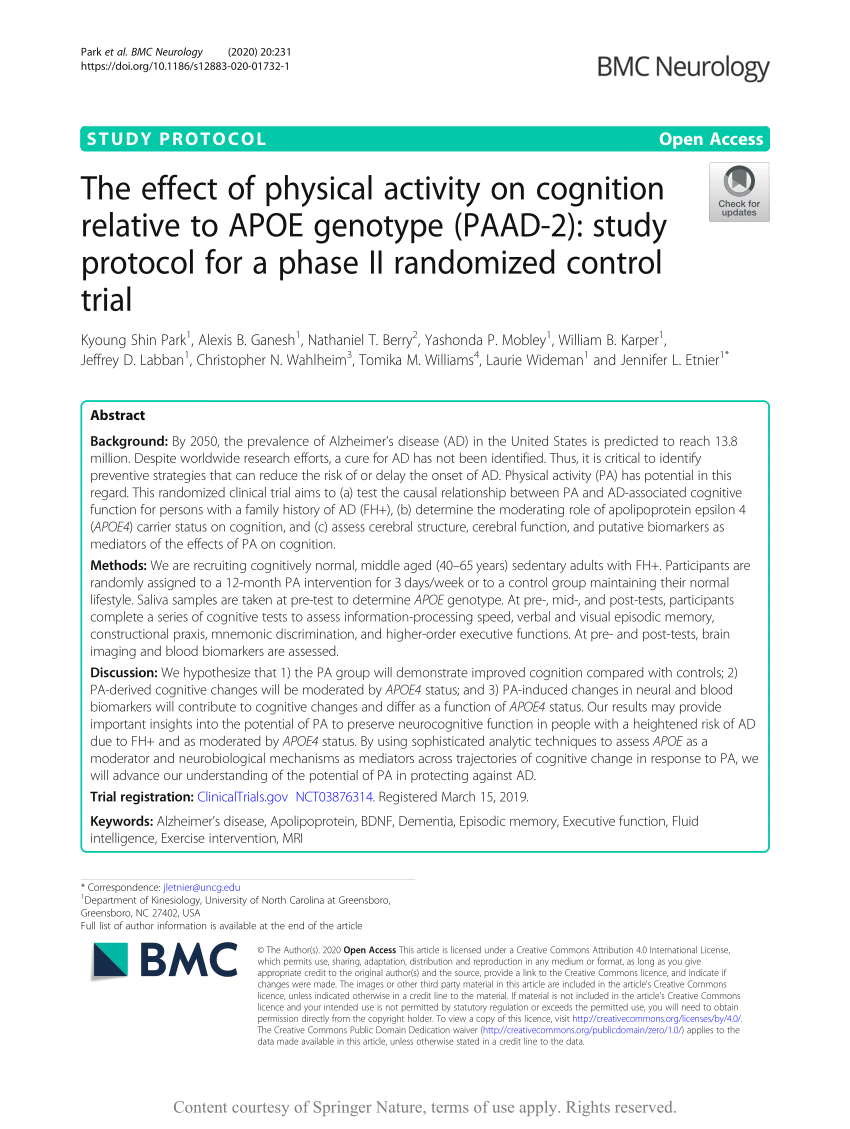 Pdf The Effect Of Physical Activity On Cognition Relative To Apoe Genotype Paad 2 Study Protocol For A Phase Ii Randomized Control Trial