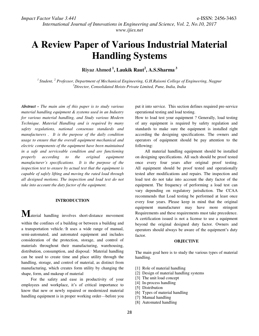 research paper on material handling system
