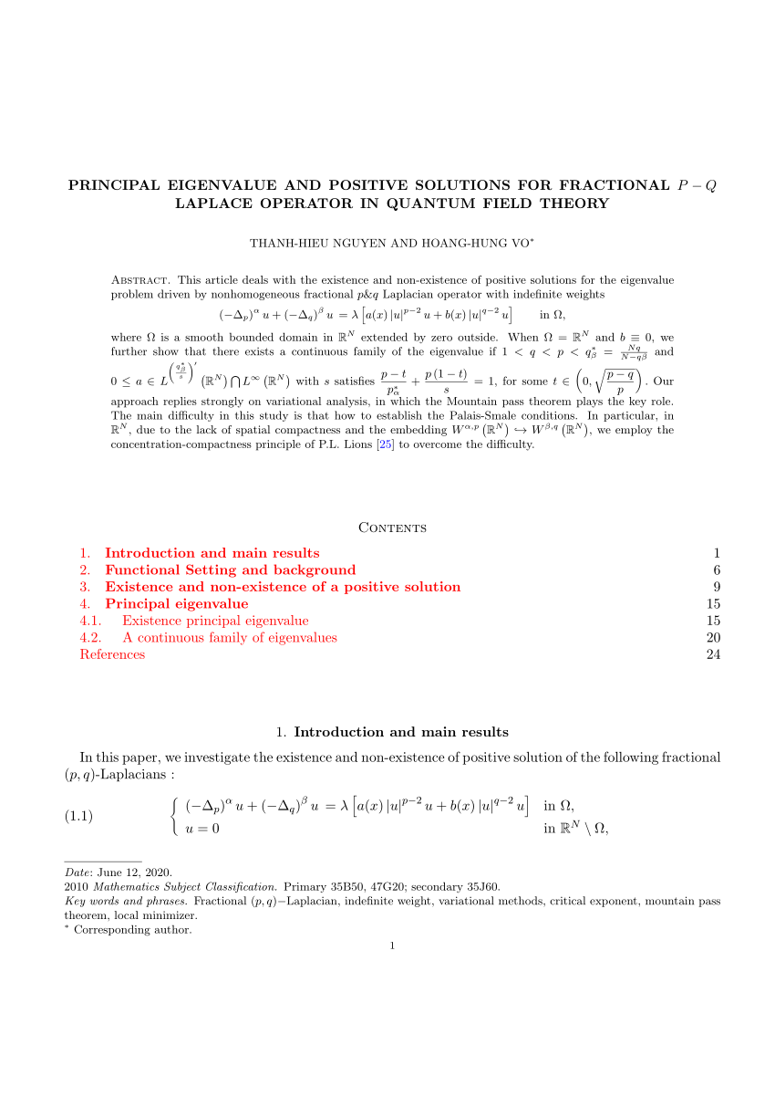Pdf Principal Eigenvalue And Positive Solutions For Fractional P Q Laplace Operator In Quantum Field Theory