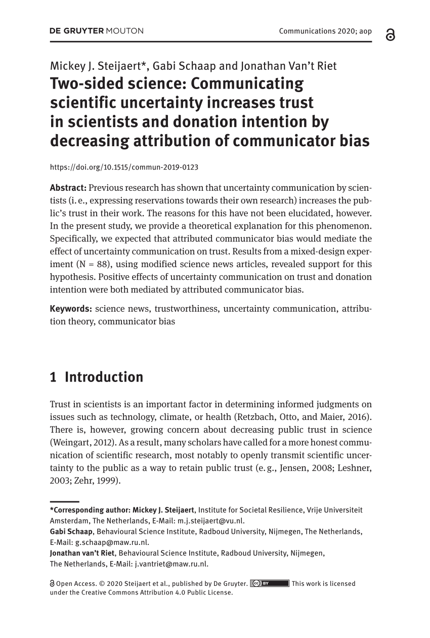Pdf Two Sided Science Communicating Scientific Uncertainty Increases