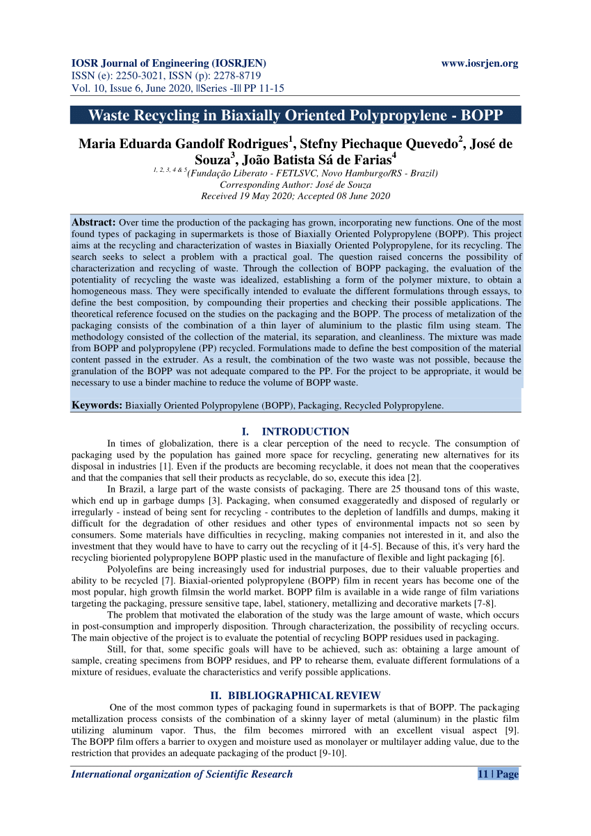 PDF Waste Recycling in Biaxially Oriented Polypropylene BOPP