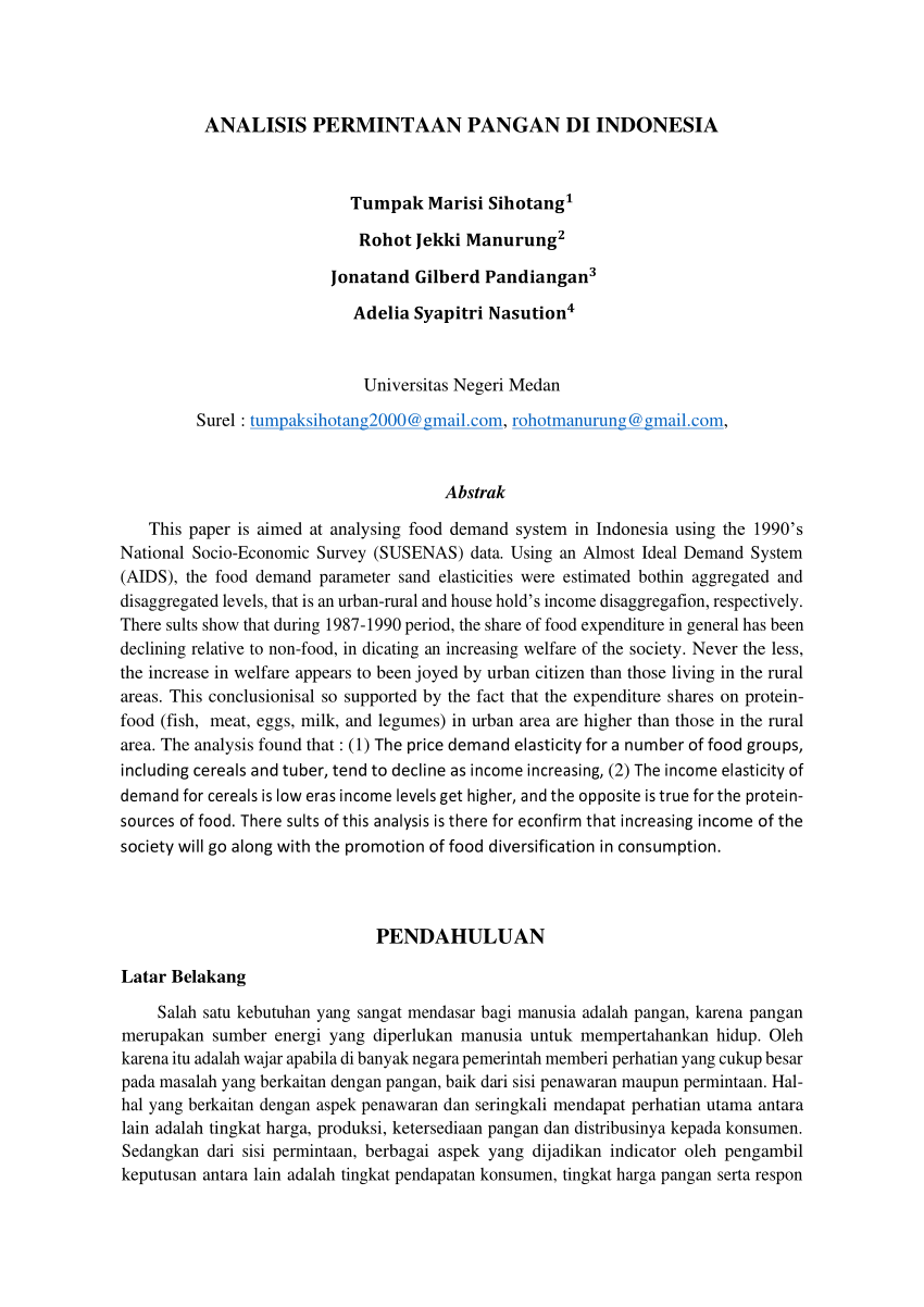 Pdf Jurnal Analisis Permintaan Pangan Di Indonesia