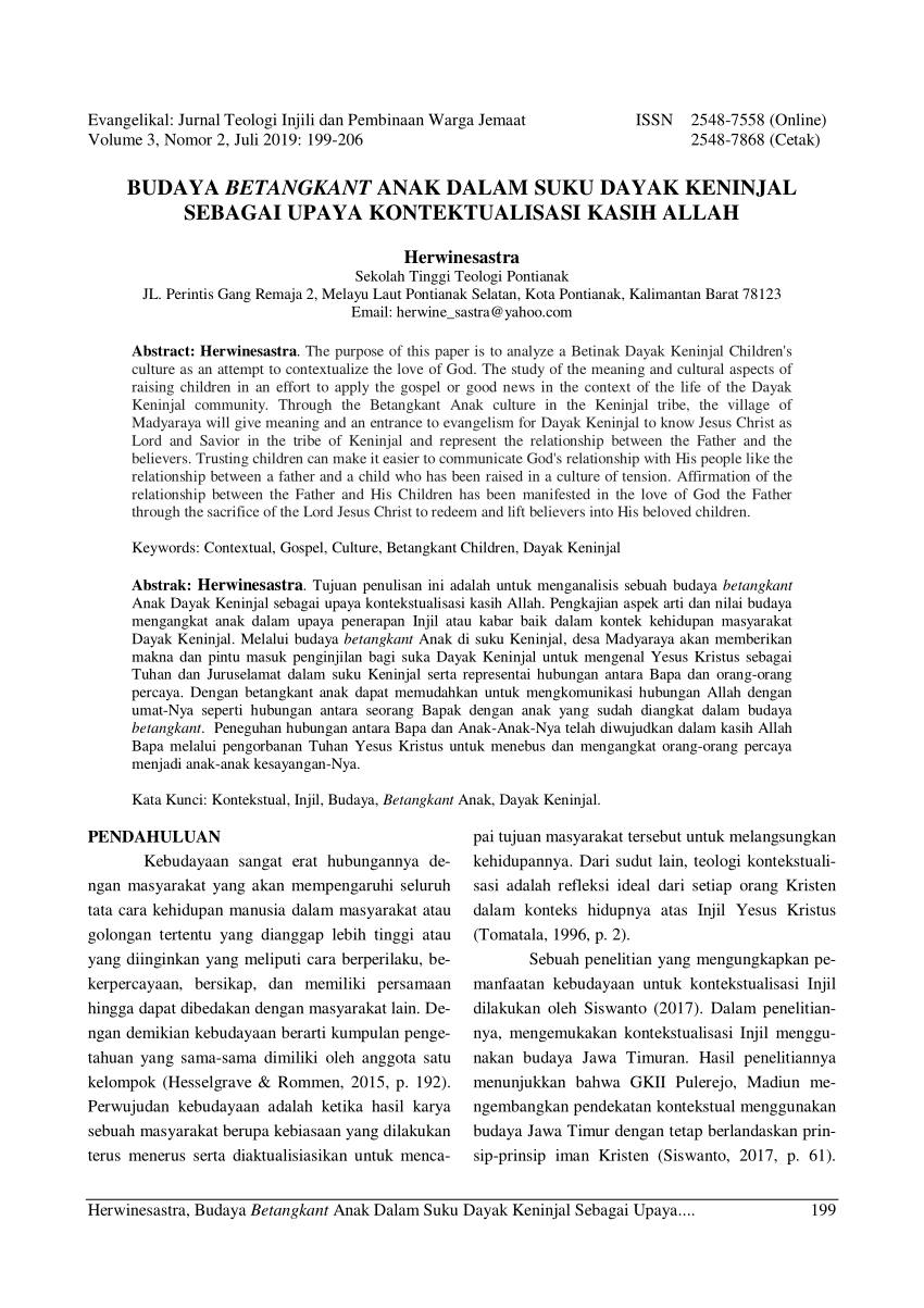 Pdf Budaya Betangkant Anak Dalam Suku Dayak Keninjal Sebagai Upaya Kontektualisasi Kasih Allah