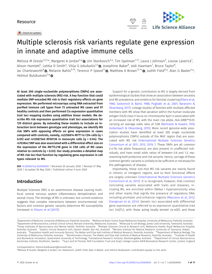 Pdf Multiple Sclerosis Risk Variants Regulate Gene Expression In Innate And Adaptive Immune Cells