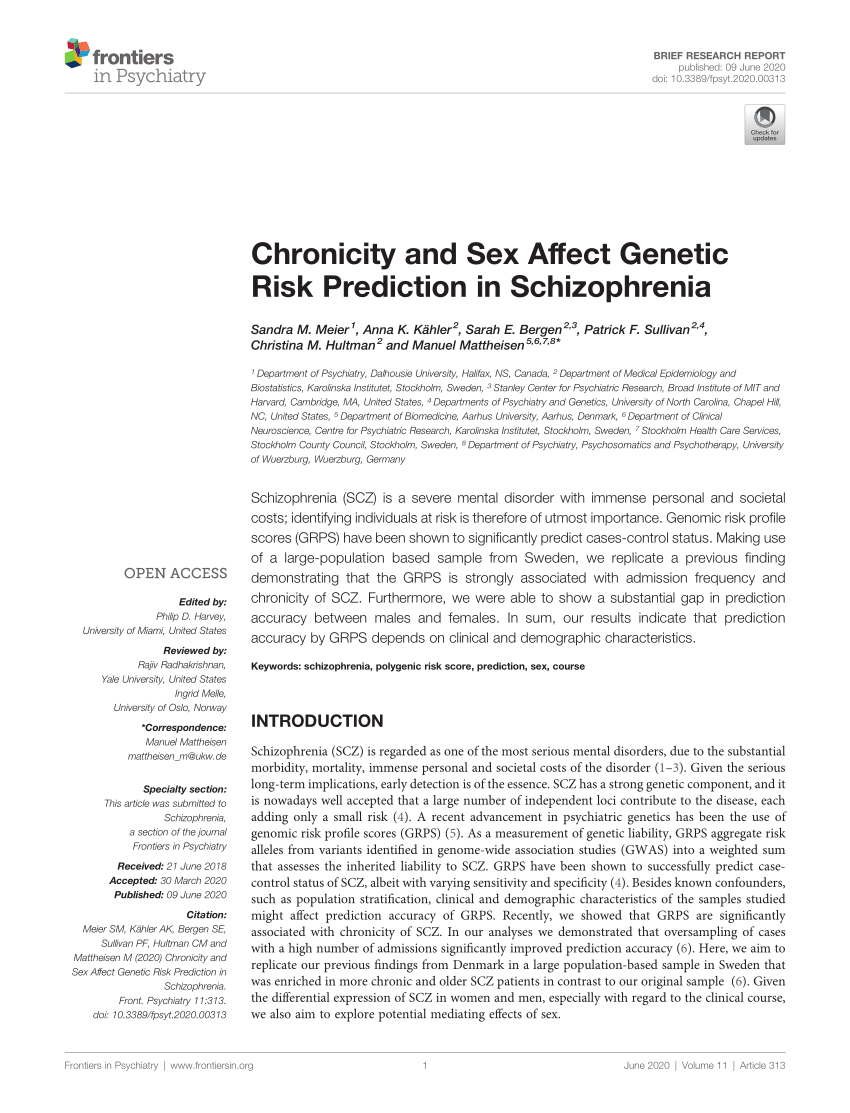 Pdf Chronicity And Sex Affect Genetic Risk Prediction In Schizophrenia