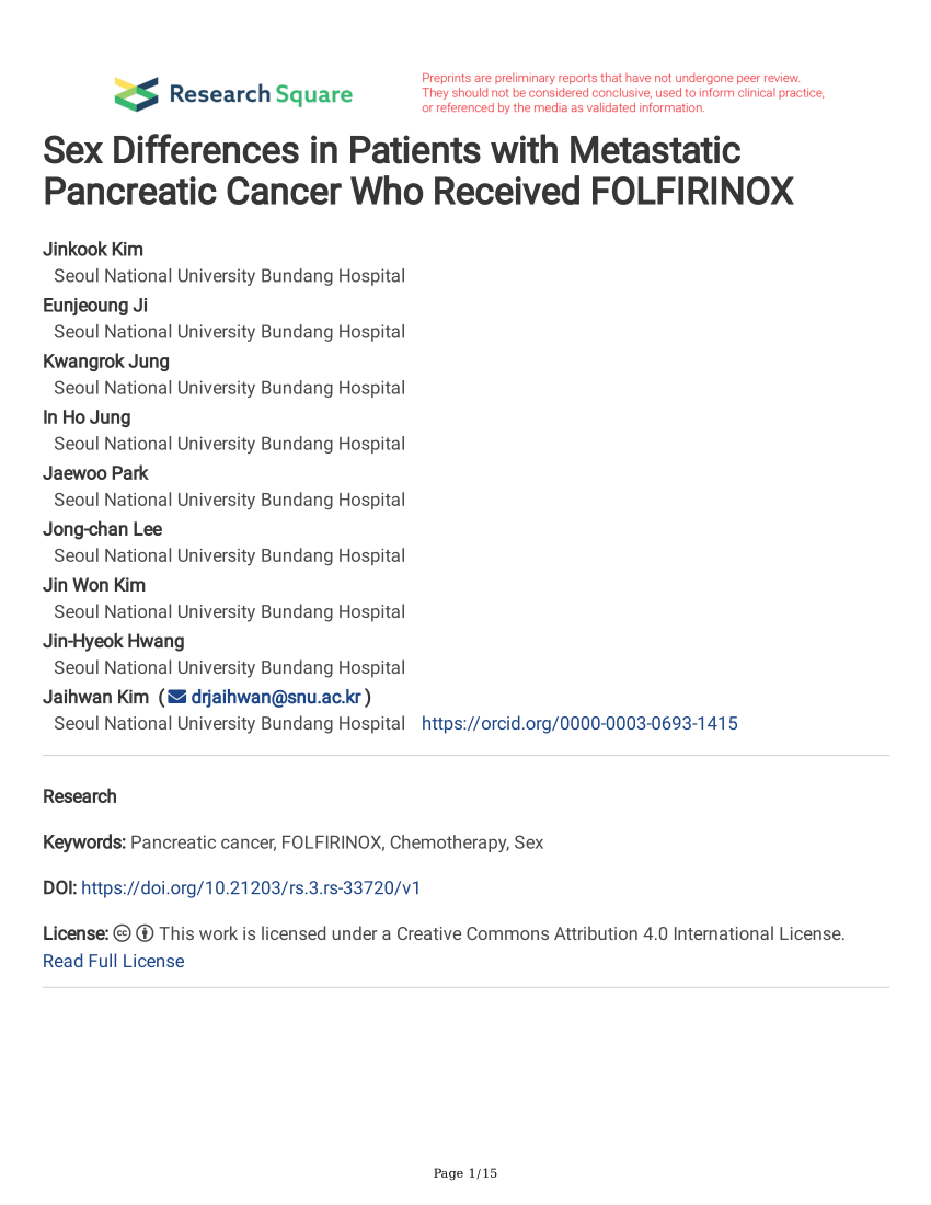 Pdf Sex Differences In Patients With Metastatic Pancreatic Cancer Who Received Folfirinox 1993