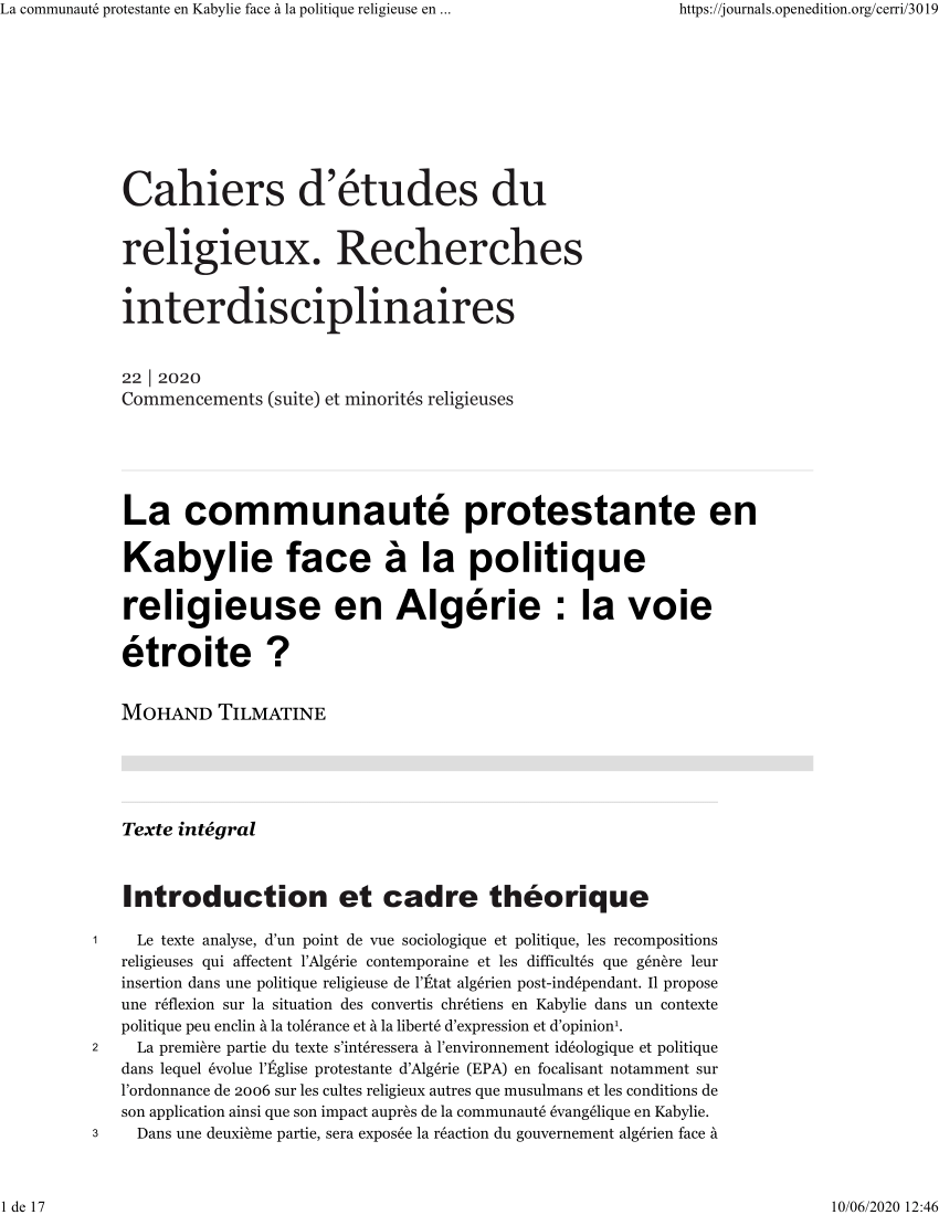 Pdf La Communaute Protestante En Kabylie Face A La Politique Religieuse En Algerie La Voie Etroite
