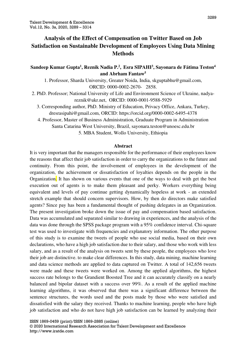 pdf analysis of the effect of compensation on twitter based on job satisfaction on sustainable development of employees using data mining methods