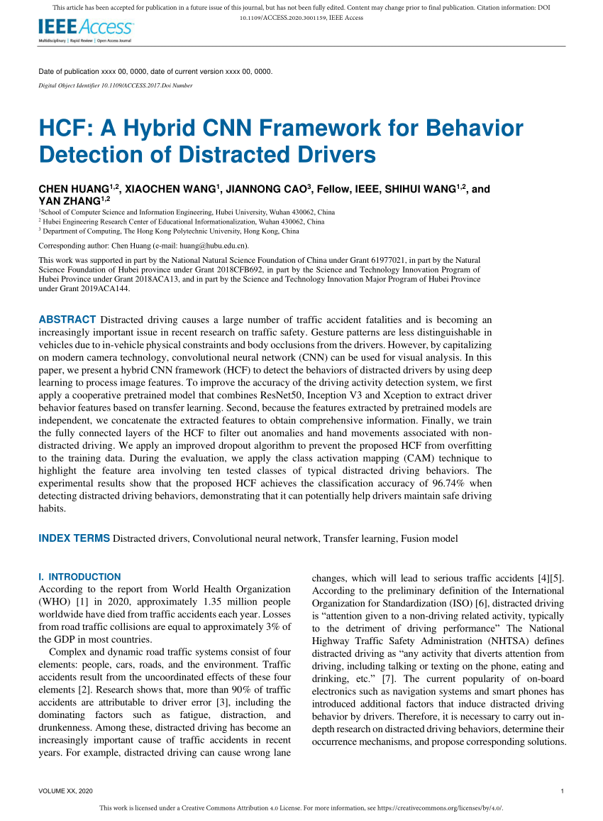 Pdf Hcf A Hybrid Cnn Framework For Behavior Detection Of Distracted Drivers