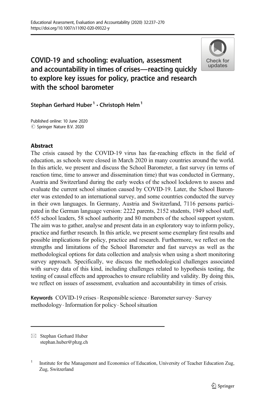 Pdf Covid 19 And Schooling Evaluation Assessment And Accountability In Times Of Crises Reacting Quickly To Explore Key Issues For Policy Practice And Research With The School Barometer