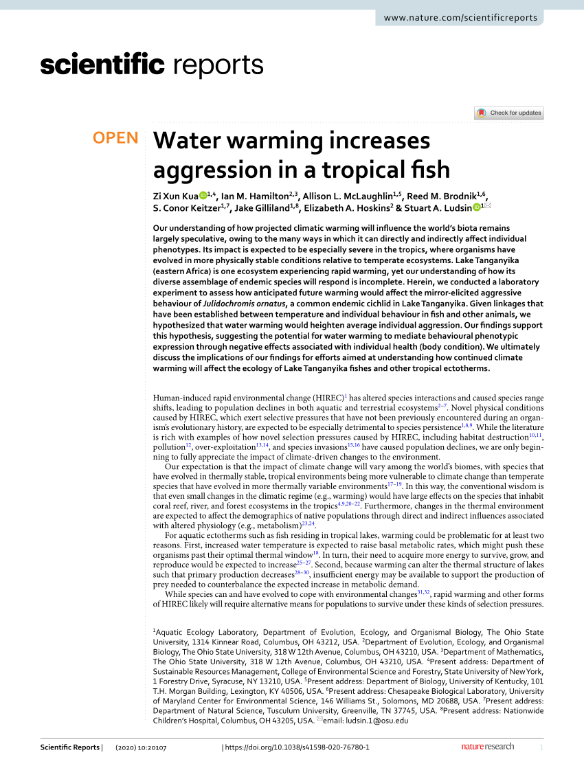 PDF) Water warming increases aggression in a tropical fish