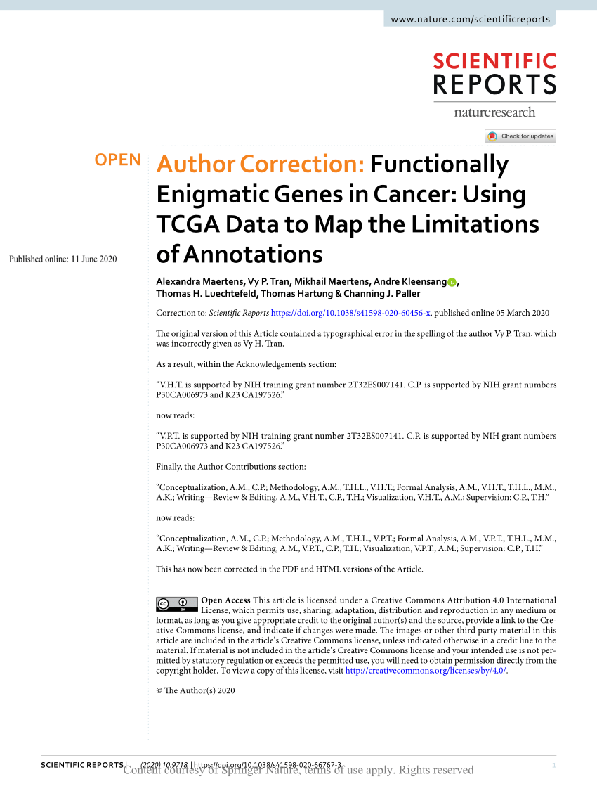 Pdf Author Correction Functionally Enigmatic Genes In Cancer Using Tcga Data To Map The Limitations Of Annotations